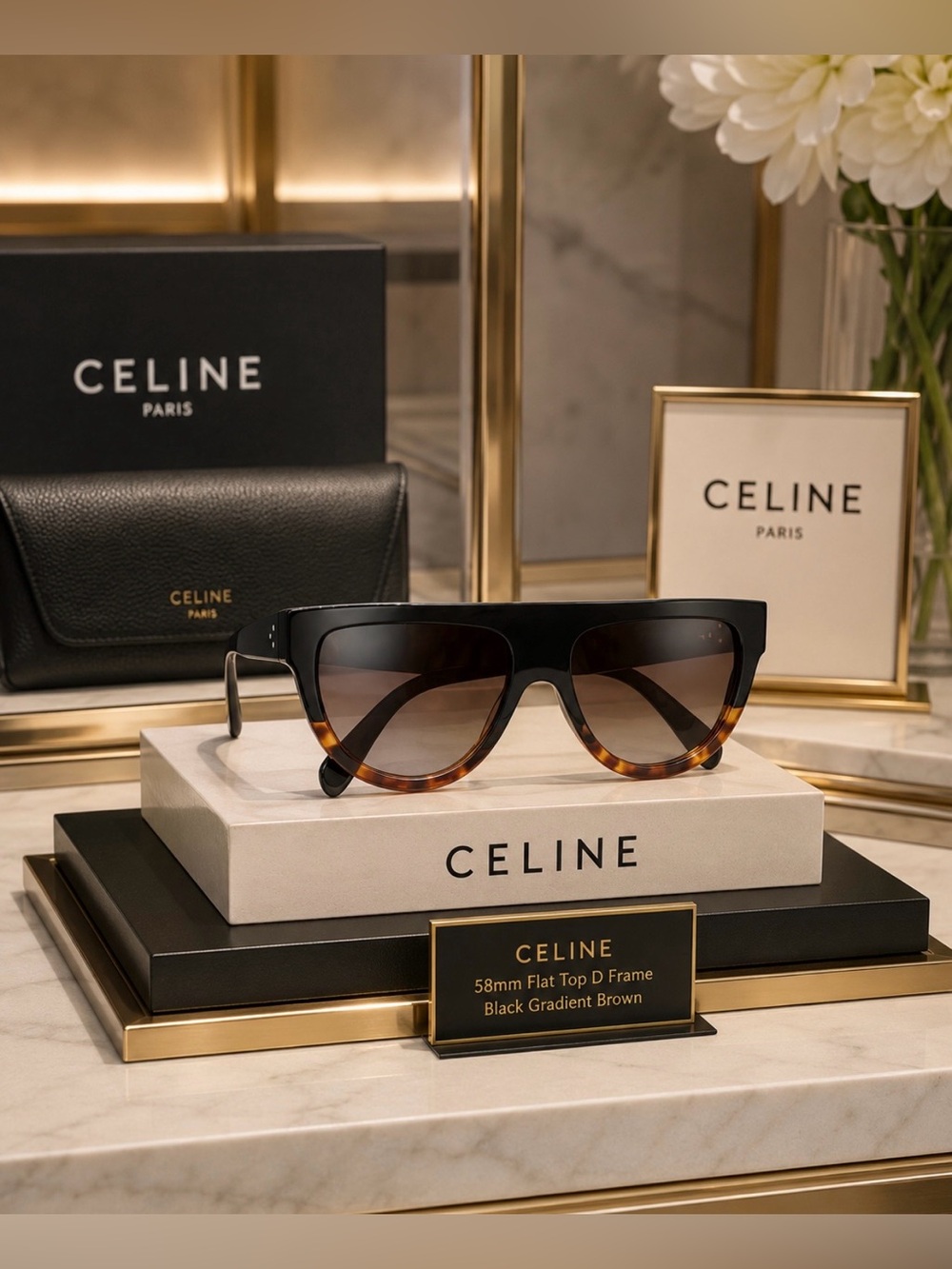 CELINE Flat Top D Frame Celebrity Triomphe Gradient Shades Sunglasses with Case